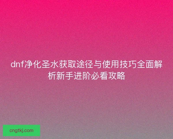dnf净化圣水获取途径与使用技巧全面解析新手进阶必看攻略