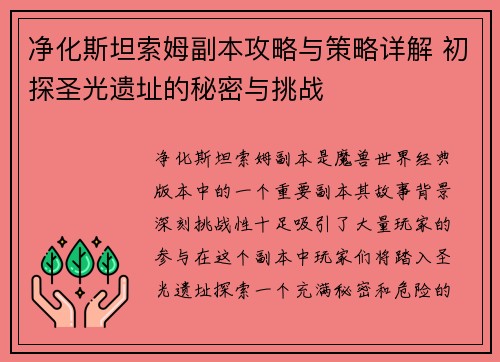 净化斯坦索姆副本攻略与策略详解 初探圣光遗址的秘密与挑战